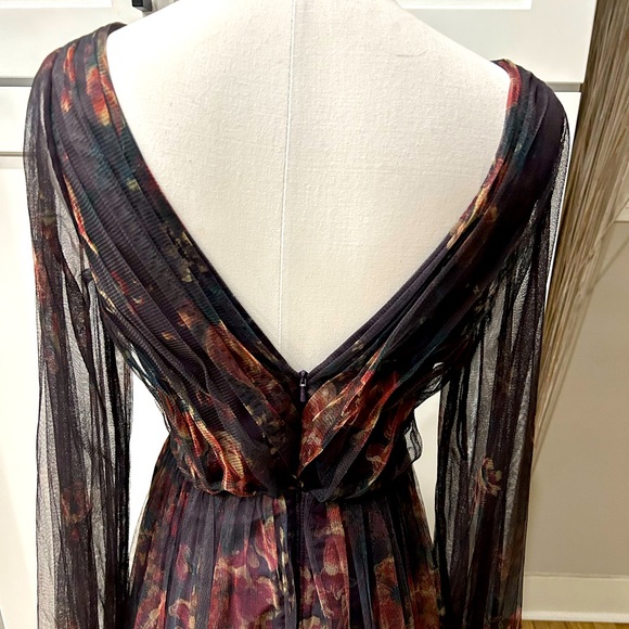 Marchesa Notte Long Floral Print Dress With Black Mesh Overlay, Deep V - Picture 5 of 12